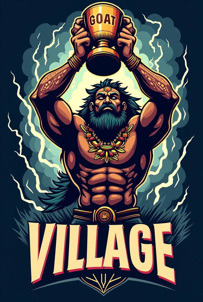 
create a sports logo with the name "village" with a mascot God of thunder Tupã holding a trophy written "goat" por dentro