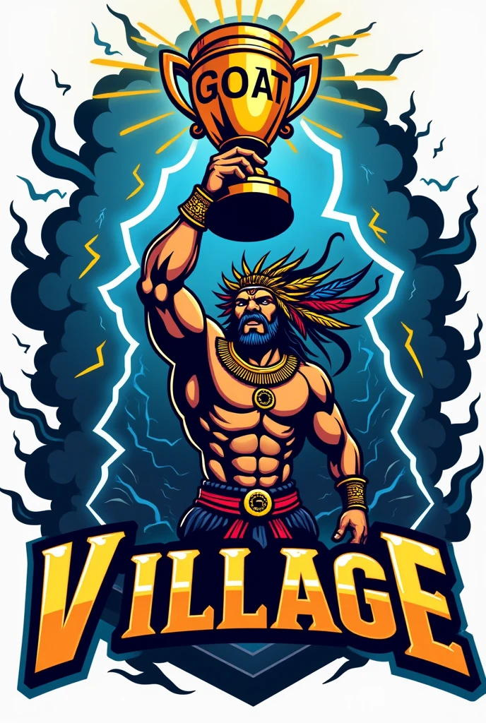 create a sports logo with the name "village" with a mascot God of thunder Tupã holding a trophy written "goat" por dentro
