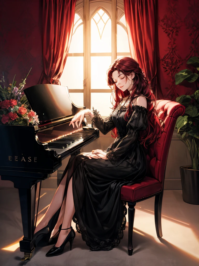 beautiful woman(((full body))), ((background house)), (best quality), 1girl, solo A room with glass windows, curtains, a young woman with long black hair, red hair , eyes closed, sitting on a chair playing the piano at night. There are flowers, flower pots, a table, a wine glass, a wine bottle, a lamp, and a black cat
