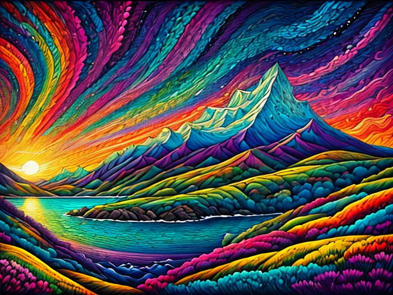 Masterpiece,Best Composition,Dynamic Composition,Colorful Landscape Painting, Sea and Isolated Island, Colorful Landscape Painting, Psychedelic Landscape, Colorful Oil Painting, Vivid Abstract Landscape, Color Field Painting. 8K, amazing colorful landscape, detailed impasto, psychedelic sky, mountains and colorful sky and clouds, isolated island, clouds floating in the sky, clouds shaped like a heart, blue sky, large colorful image