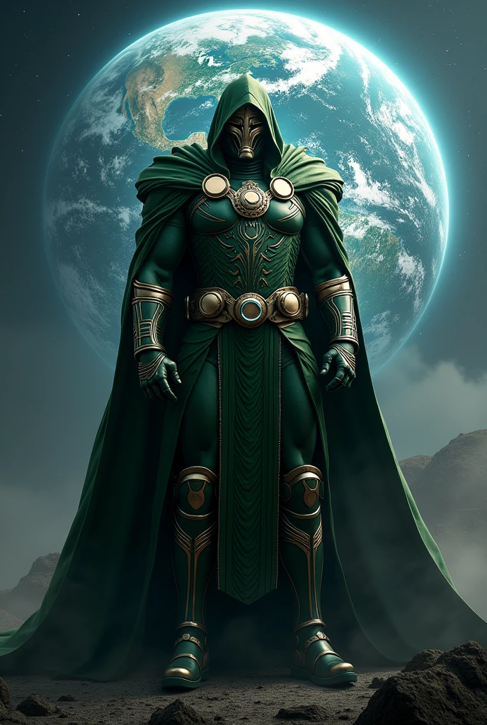 Dr. Doom image (For DP) behind earth in iron man style in frame of dimension 1024×576