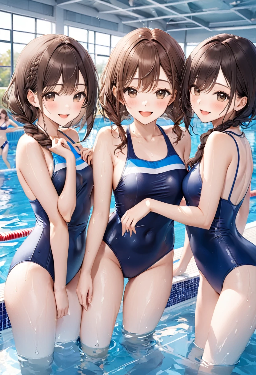 Highest quality、High resolution、Detailed Background、masterpiece、(Highly detailed beautiful face:1.3)、 Girl、(Five women)、Navy school swimsuit、Brown Hair、Braided Bob、cute編み込みヘアスタイル、Realistic、Attractive thighs、
(Five beautiful girls in school swimsuits are having fun at the school pool..:1.5)、
Splashing water、An innocent smile、Laughing with your mouth open、Swimsuit that glows when wet、My whole body is wet、My hair is wet too、cute