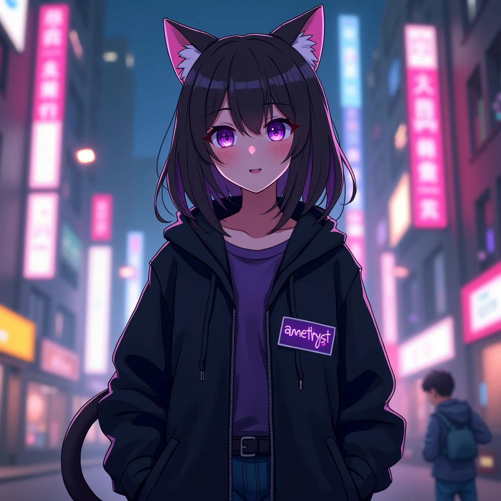 anime girl is wearing black jacket, with
cat ears and with a purple text "amethyst" on the left part of her clothes, in citylights background,