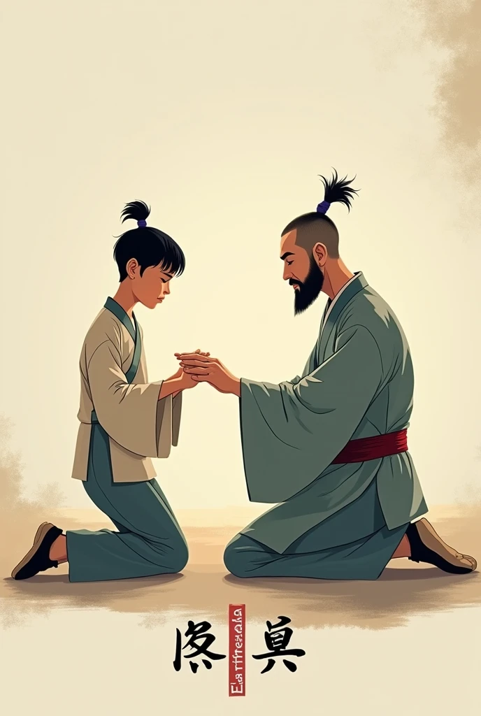 : A design for a T-shirt featuring a close-up scene where the young boy is kneeling, respectfully listening to the kung fu master’s teachings. The master’s hand is gently placed on the boy's shoulder, with a soft light highlighting their connection. The name "Eartheola" is written in a traditional Chinese calligraphy style below the image