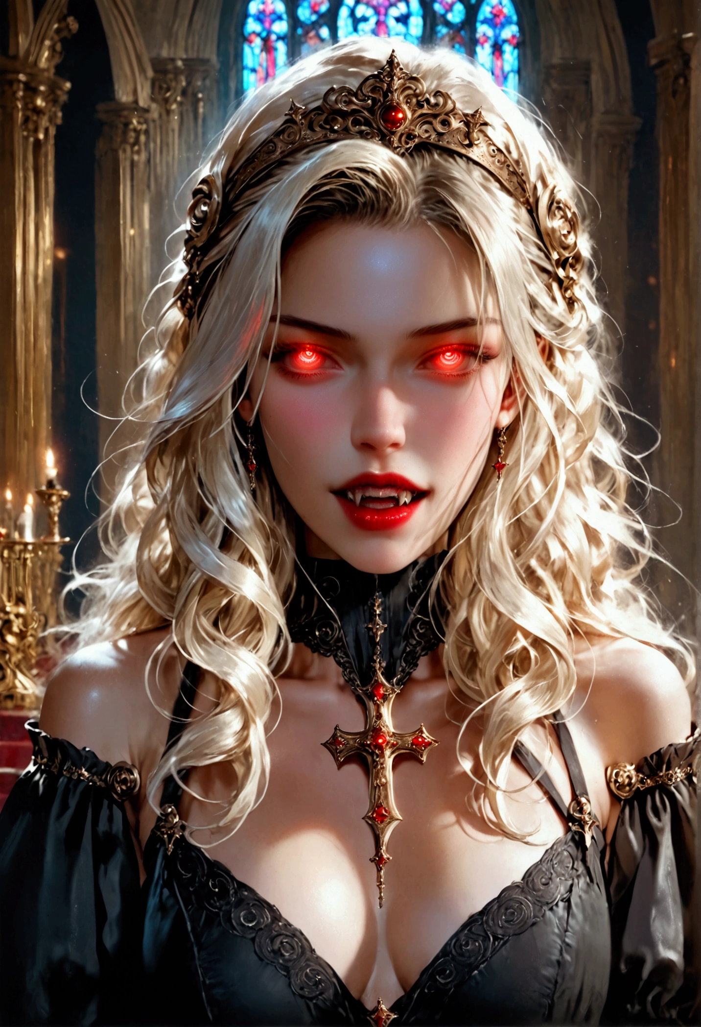 Arafed, dark fantasy art, glamour shot, award winning shot, photorealistic, a portrait of a female vampire drinking a ((glass of blood)), blond hair, dynamic hair style , long hair, red lips, (glowing eyes: 1.5), dynamic eye color, dynamic color, she wears, an elegant (black dress: 1.5), catholic church and altar background, bar background, 16k, ultra detailed, masterpiece, best quality, (extremely detailed), rpg portrait, art by mooncryptowow, photograph, oil pastel, vampire teeth