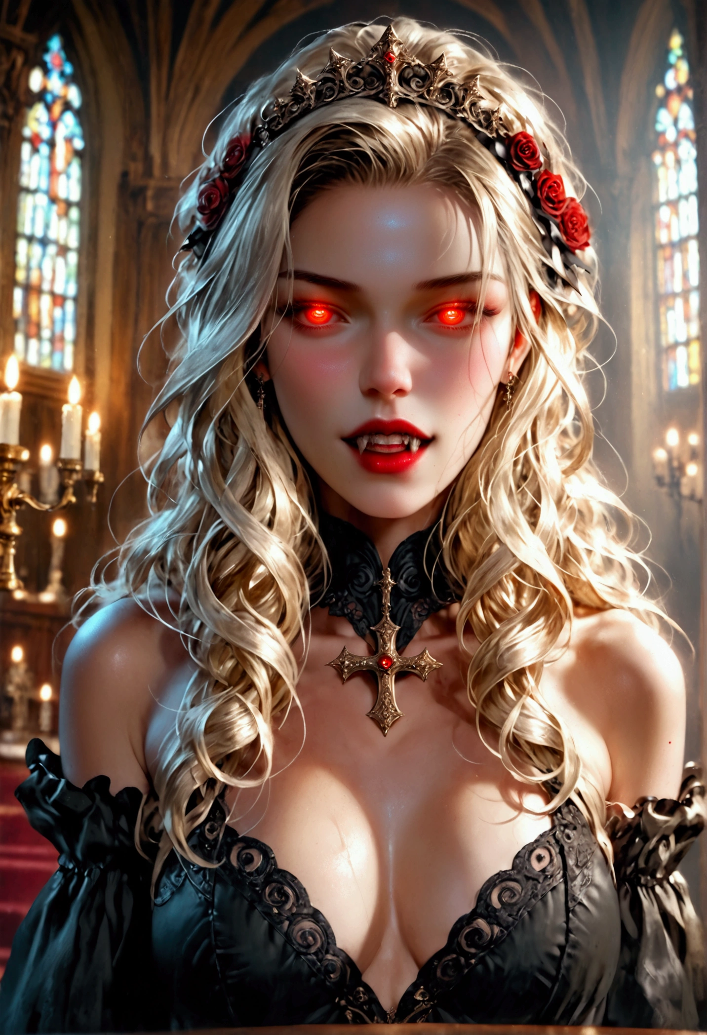 Arafed, dark fantasy art, glamour shot, award winning shot, photorealistic, a portrait of a female vampire drinking a ((glass of blood)), blond hair, dynamic hair style , long hair, red lips, (glowing eyes: 1.5), dynamic eye color, dynamic color, she wears, an elegant (black dress: 1.5), catholic church and altar background, bar background, 16k, ultra detailed, masterpiece, best quality, (extremely detailed), rpg portrait, art by mooncryptowow, photograph, oil pastel, vampire teeth