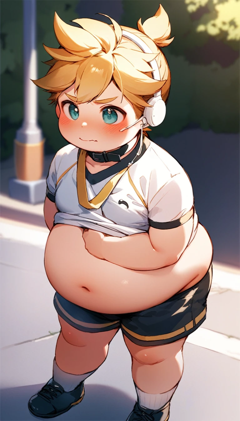 1 boy, (male child), , (Kagamine Len), cute, earphone, obese, over small sports uniform, collar tie, shorts, (chubby), (plump),( belly significantly hang over the waistband), belly exposed, shorts button popped, standing on a street, huffing and puffing, full blushed, embarrassed