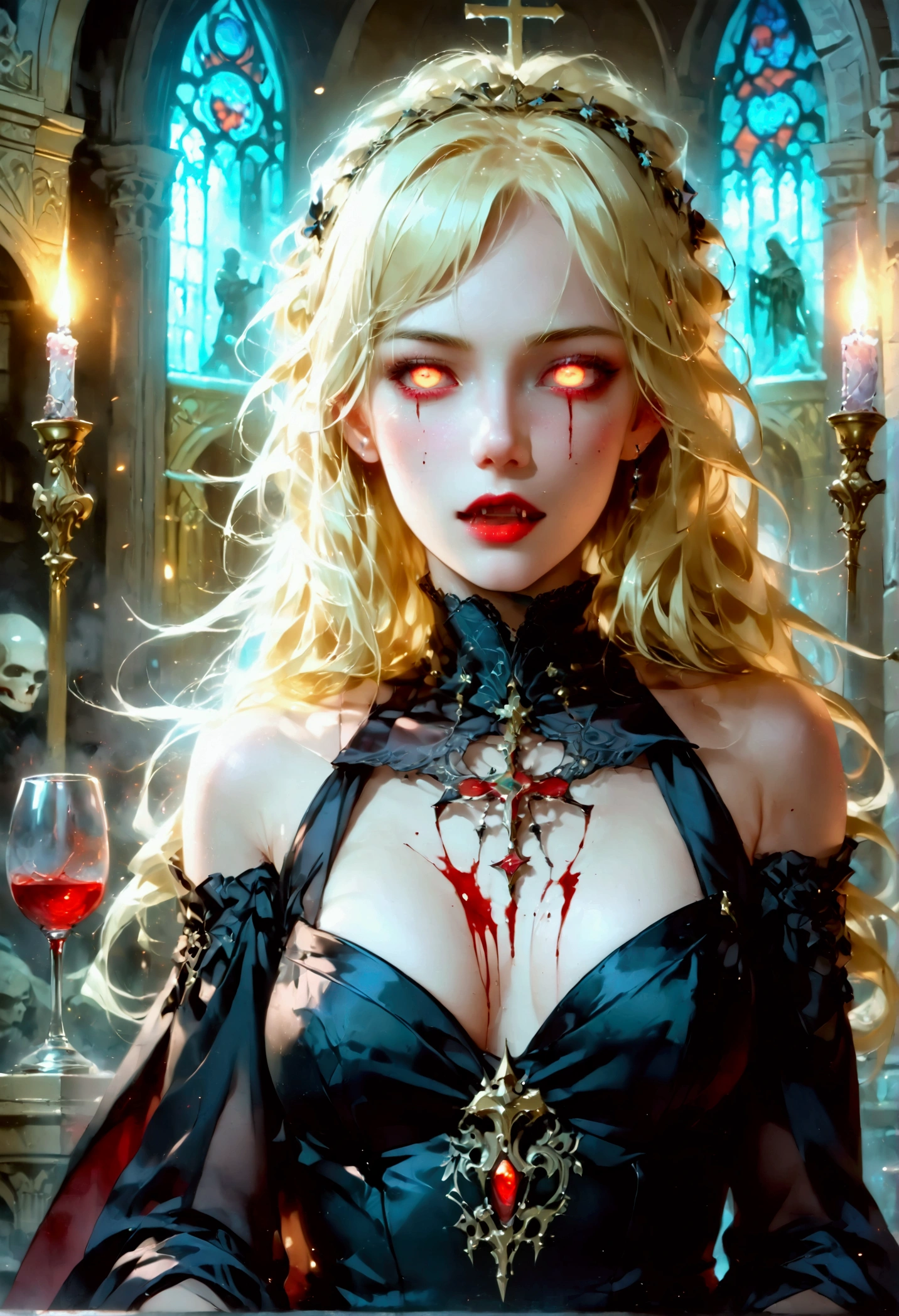 Arafed, dark fantasy art, glamour shot, award winning shot, photorealistic, a portrait of a female vampire drinking a ((glass of blood)), blond hair, dynamic hair style , long hair, red lips, (glowing eyes: 1.5), dynamic eye color, dynamic color, she wears, an elegant (black dress: 1.5), catholic church and altar background, bar background, 16k, ultra detailed, masterpiece, best quality, (extremely detailed), rpg portrait, art by mooncryptowow, photograph, FFROA, vampire teeth