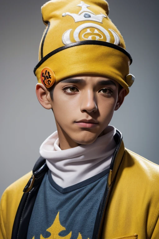 1boy, handsome, clown make up, yellow beanie hat, white sweater paired in highschool uniform, nouveau background, dramatic rate, cool, hd, high quality, realistic-style, ultra-realistic, hyperrealistic, closer distance face, closer distance head, his distance pressing against me, 8k resolution