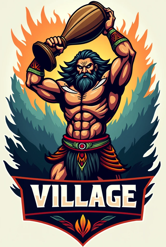 create a sports logo with the name "village" with a mascot Thunder God Tupã holding a trophy