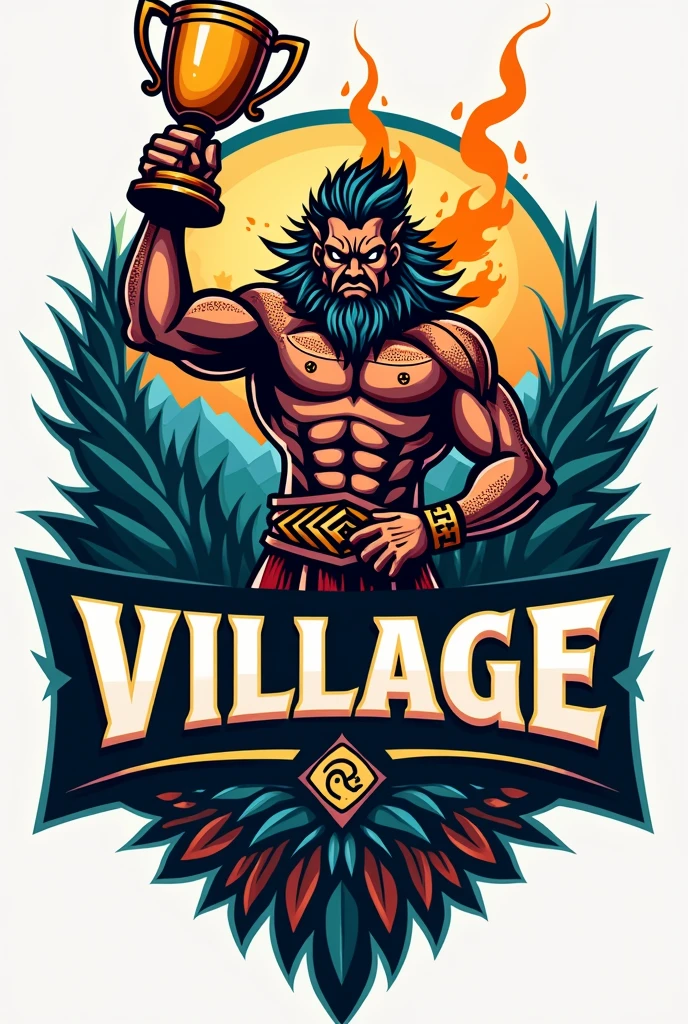 create a sports logo with the name "village" with a mascot Thunder God Tupã holding a trophy