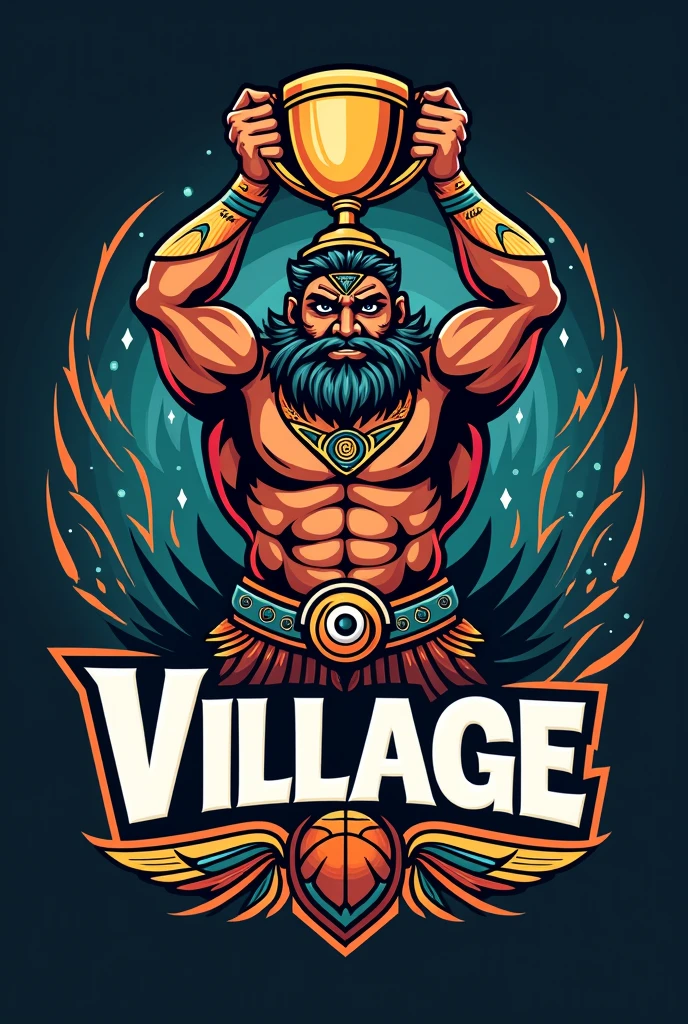 
create a sports logo with the name "village" with a mascot Thunder God Tupã holding a trophy 
