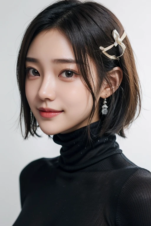 (2 Japanese girl,), (Small breasts:1.5,),(solo,,Textured skin, Detailed skin,Detailed face,Detailed eyes,detailed posing,Natural eyebrows,Sparkling Eyes,High detail, Highest quality, Super detailed, Surrealism, ,8k,RAW Photos,Photographicism,Professional Lighting,Portrait Photography,Soft Light),((Black Hair, Natural Makeup,Simple earrings, Bob Hair,smile,ribbon)),(((Chest opening turtleneck,Nipples)))