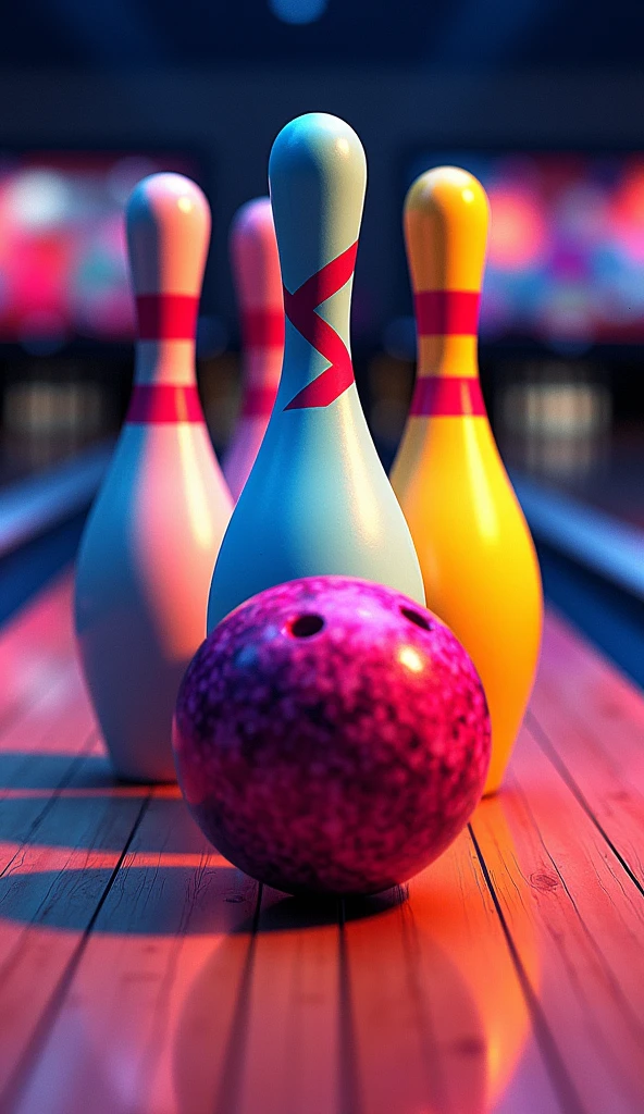 realistic but also pop art of a bowling alley with close up pins and bowling ball with lots of bright colors