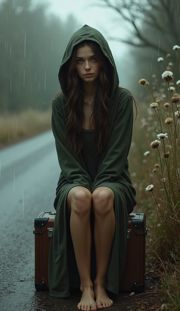 Different mood beautiful delicate cute face young american with large eyes woman large eyes with very two long hair, clutched in hoodies and long skirts, Digital art, by IrinaKapi. in trampled shoes is sitting on an old suitcase on the side of the road, light rain, evening time, Withered flowers.light smile, clin skinomy, illustrative, painterly, detailed, UHD drawing, pen and ink, perfect composition, beautiful detailed intricate insanely detailed octane render trending on artstation, 8k artistic photography, photorealistic concept art, soft natural, all in one frame