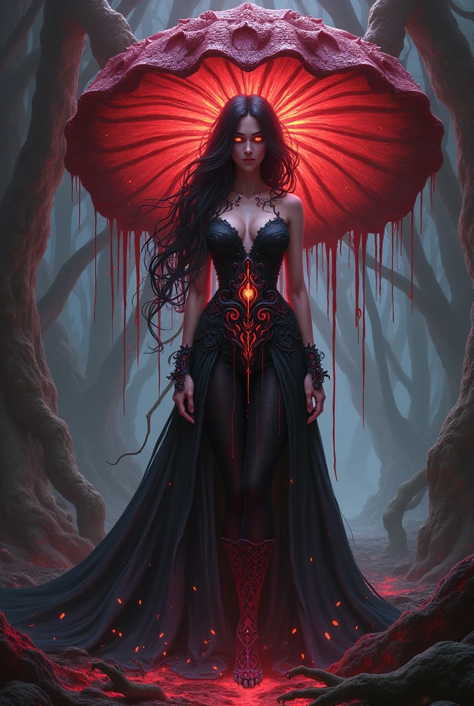 best quality,4k,8k,highres,masterpiece:1.2,ultra-detailed,realistic:1.37,HDR,UHD,studio lighting,ultra-fine painting,sharp focus,physically-based rendering,extreme detail description,professional,art nouveau,tarot card style, dark fantasy, dramatic lighting, full body shot, from the back, facing away, wide angle, back view,dynamic angle,dynamic pose, joy expression, deep shadows, a vampiric goddess, extremely detailed skin, perfect wavy hair, (A vampire goddess, she is using her supernatural powers to psychically manipulate blood, making the blood float around her), hemokinesis, (there are lots of blood strings floating around the environment), she is wearing a very intricate biological exoskeleton, (the goddess's lower body is vanishing, becoming black mist), the scene unfolds in a dark forest dimly illuminated by a red glow, red energy lines, fractalized,alien flora,(spectacular bioluminescent fungi background), pale blue and olive hues, mystical energy, dramatic lighting, moody atmosphere, cinematic composition, Yoshitaka Amano style,greg rutkowski,cyborg style