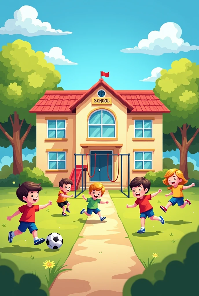 Create an image of a lively and colorful school scene featuring happy children enjoying themselves in a playground. The children should be of various ages, playing different games like football, hopscotch, and swinging on swings. Some children are chatting and laughing, while others are sliding down a slide or playing with a ball. The school building in the background is bright and inviting, with big windows and a cheerful atmosphere. The scene is sunny, with a clear blue sky, and the entire environment feels joyful and animated, like a vibrant cartoon.