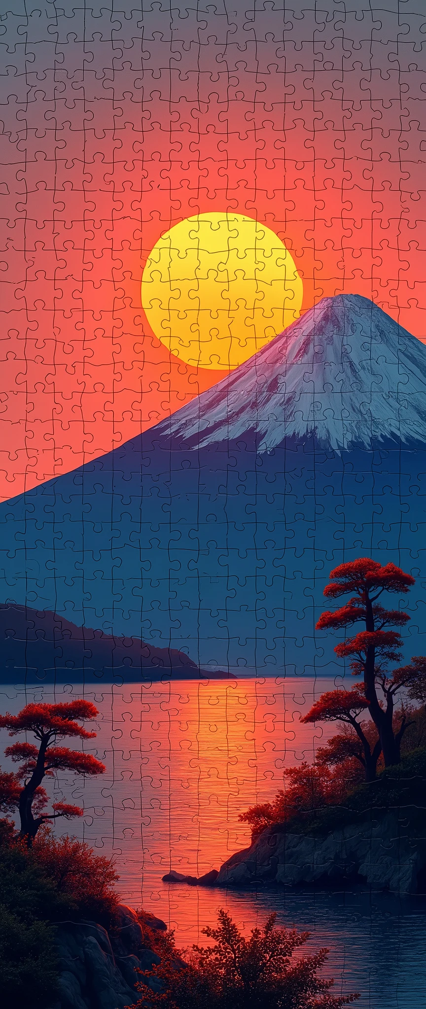 (masterpiece:1.2,Exceptional Quality,mirror-like,Cinematic Experience,Photorealistic,RAW Photos,Super detailed),8k,wallpaper,(1000 piece jigsaw puzzle of the sunrise and Mt. Fuji:2.0),(Only one piece is missing:2.0)