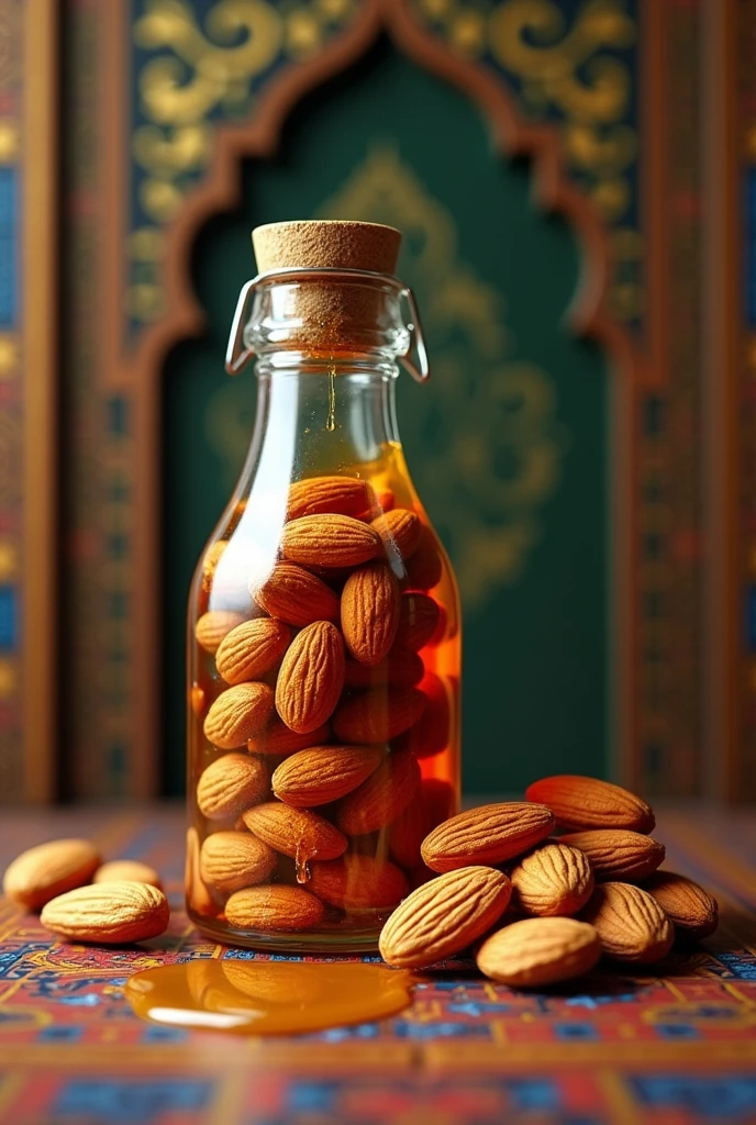 Bangladeshi islamic style Mixed honey almonds green, blue ,red, orange, black are oozing honey attractively from the bottle Islamic background