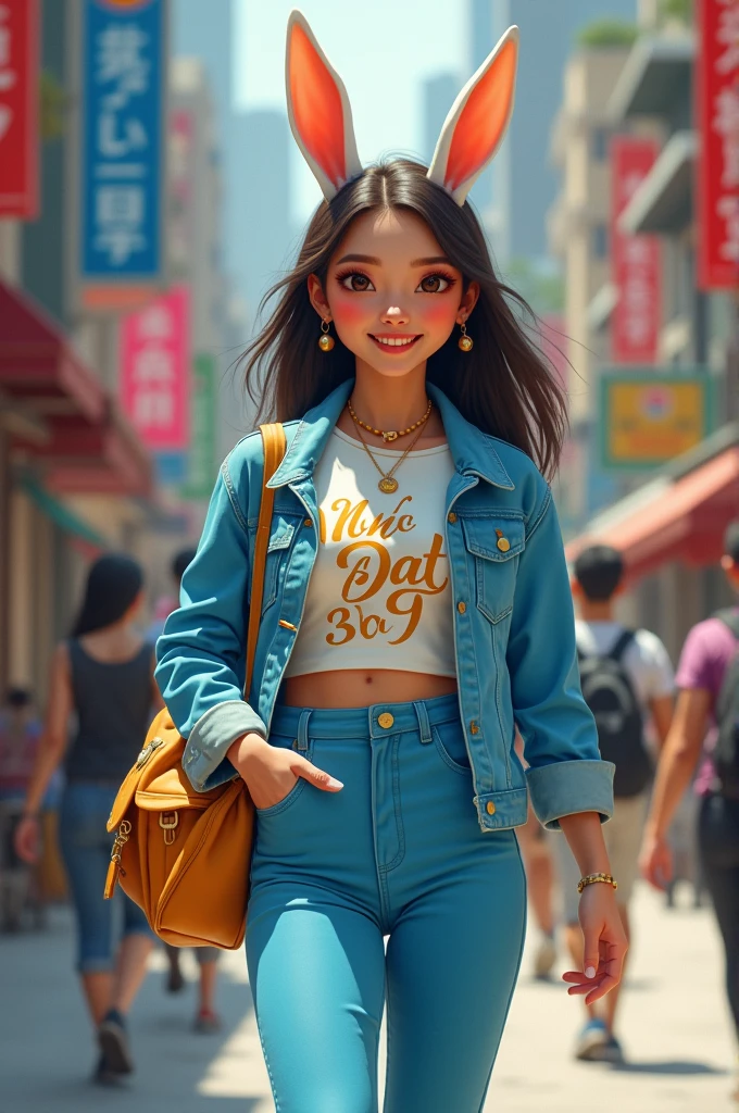 Tạo cho tôi ảnh toàn thân của 1 cô gái, cô ấy mặc trang phục trẻ trung, cá tính màu xanh dương phối màu trắng và vàng, trên trang phục có dòng chữ tiếng việt nam " Nha Dat 369 " , khuôn mặt của cô ấy là khuôn mặt của một chú thỏ dễ thương, cô ấy đang đi dạo phố