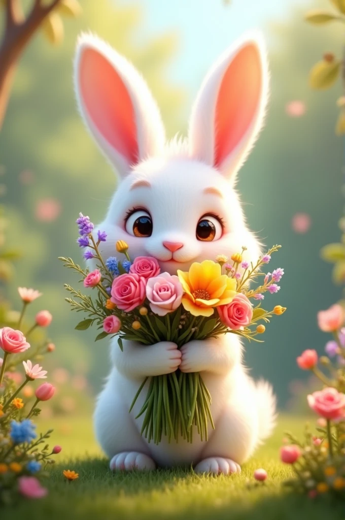 Cute white bunny with a beautiful bouquet in its paws