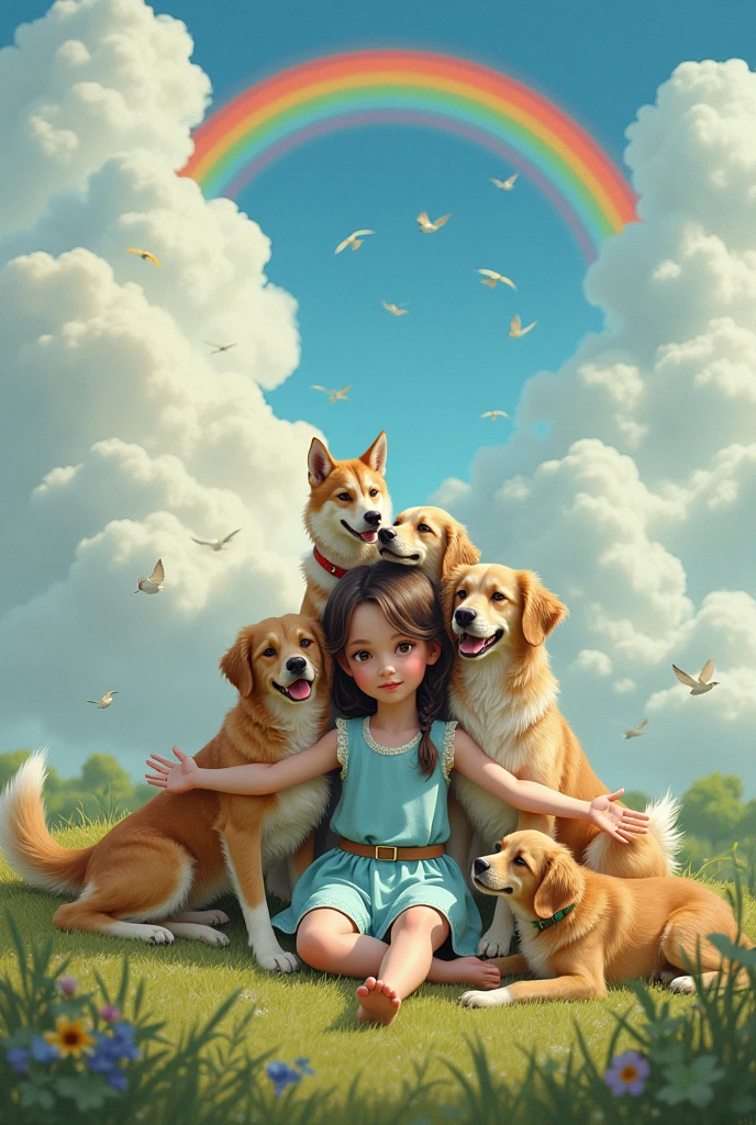 Give me a drawing.
The background have cloud, rainbow and birds
While in the middle there's a girl seating opening her arms welcoming tree dogs while there's 3 dead dogs on her upper head
