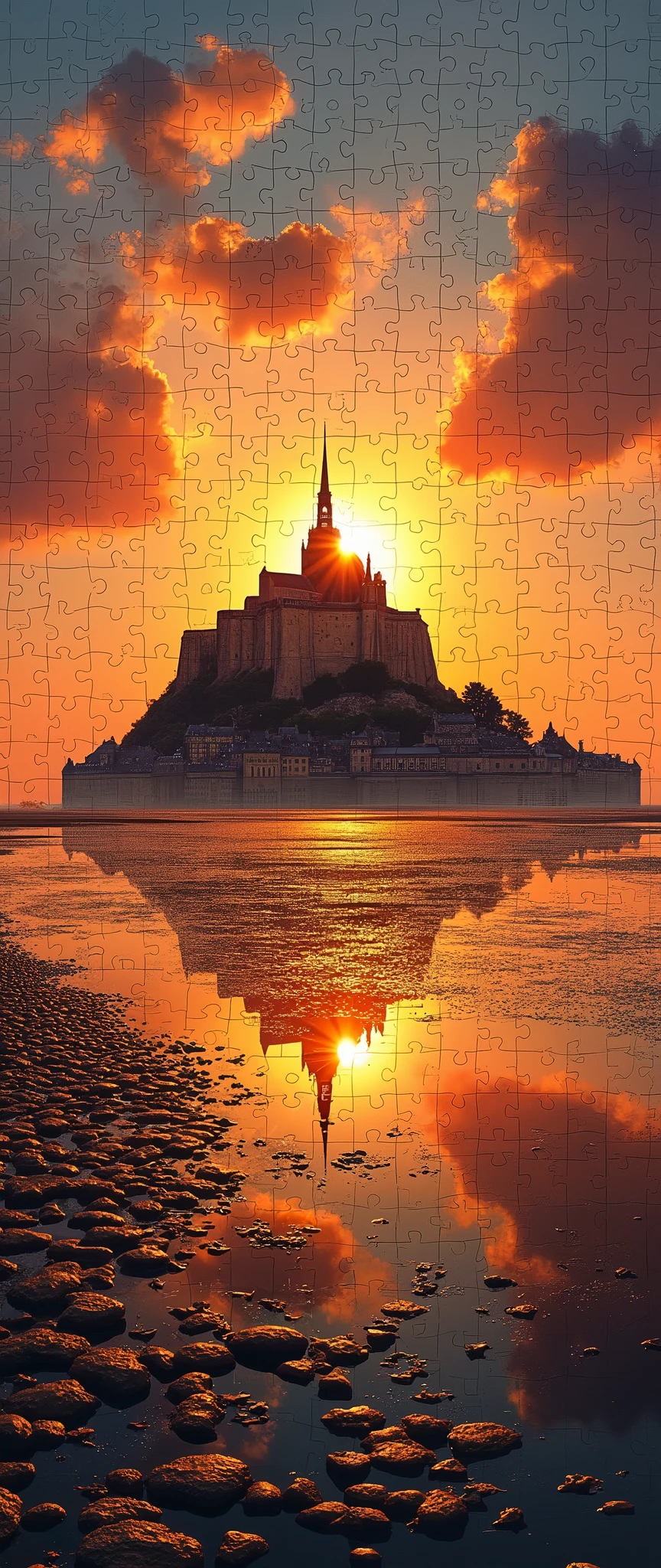 (masterpiece:1.2,Exceptional Quality,mirror-like,Cinematic Experience,Photorealistic,RAW Photos,Super detailed),8k,wallpaper,(1000-piece jigsaw puzzle of the morning sun and Mont Saint-Michel:2.0),(Only one piece is missing:2.0)