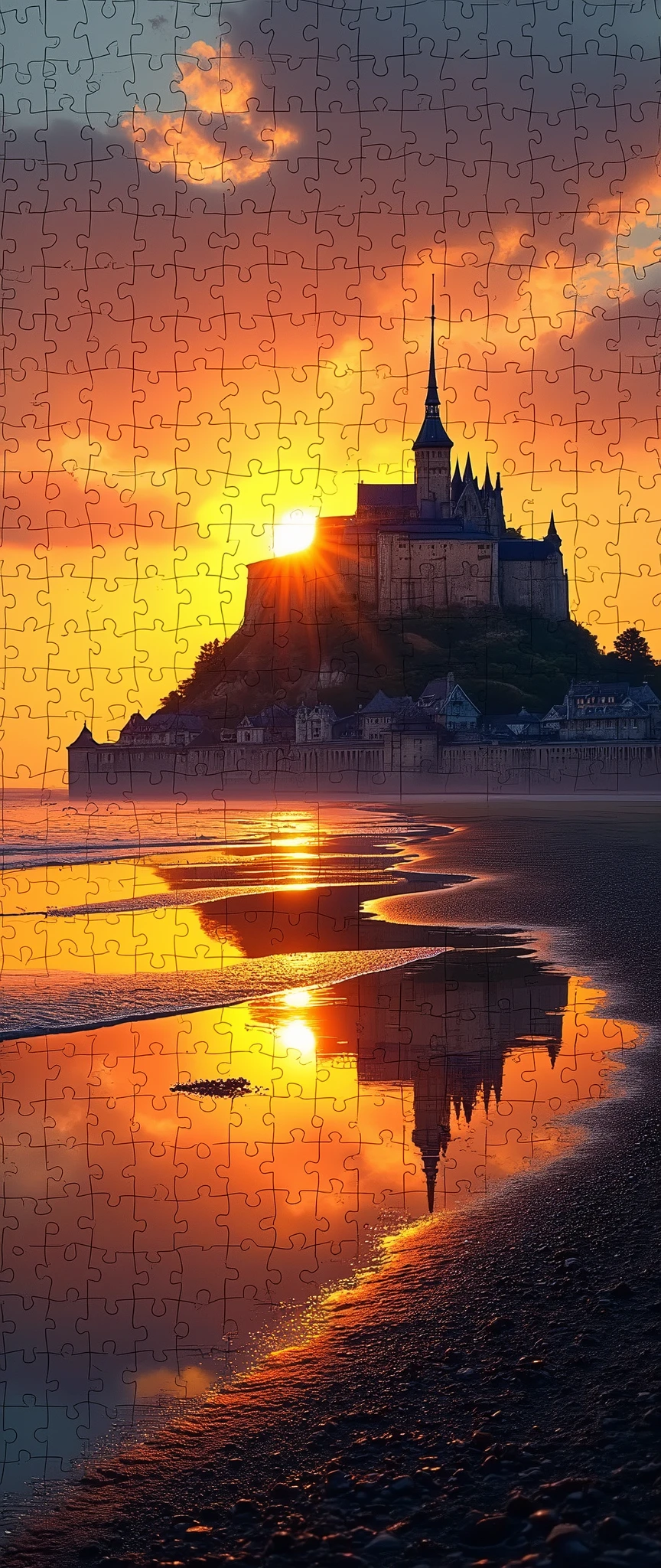 (masterpiece:1.2,Exceptional Quality,mirror-like,Cinematic Experience,Photorealistic,RAW Photos,Super detailed),8k,wallpaper,(1000-piece jigsaw puzzle of the morning sun and Mont Saint-Michel:2.0),(Only one piece is missing:2.0)
