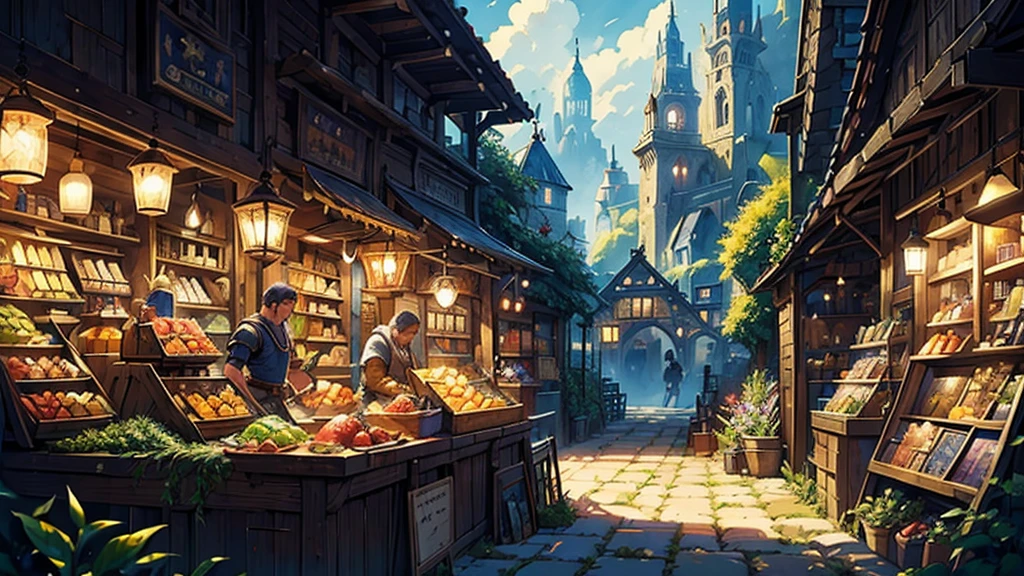 ((masterpiece)),((Highest quality)),((High Detail)),nobody,background,fantasy, City of Fantasy, Bright market, blacksmith, arms, secondhand book, merchant, knight, Vegetables, meat and fish, morning