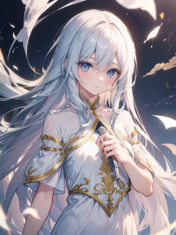 Highest quality、Very delicate、Long Hair、beautiful、ephemeral、hope、Dynamic Cloud、Silver Marble Skin、Golden light、Facing loneliness、Plain T-shirt、Sunken eyes