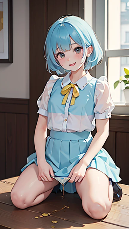 (from the front), Fisheye Lens, Beautiful , Curvy, Flat Chest, Small breasts，Underbust, (Kneeling on the round table), (On the table:1.5), (Leg spread), (Hot lemonade between my legs:1.3),Steam rising from hot lemonade， (Classic puffy short sleeve ruffled blouse), (Light blue mini skirt), Skirt Lift，(A see-through button-up shirt), (Neck ribbon)+ Thighs, High heels, (View your viewers:1.5), (Embarrassing:1.3), (Smile), (vapor:1.3), (Girl trembling with sexual climax:1.3), Mid-length hair, Light blue hair,Bobcut, Wavy Hair, Glowing Skin, (coffee shop), window, morning, (crowd:1.3), (masterpiece, Highest quality, High resolution:1.3), Perfect Anatomy，String panties，String Bra