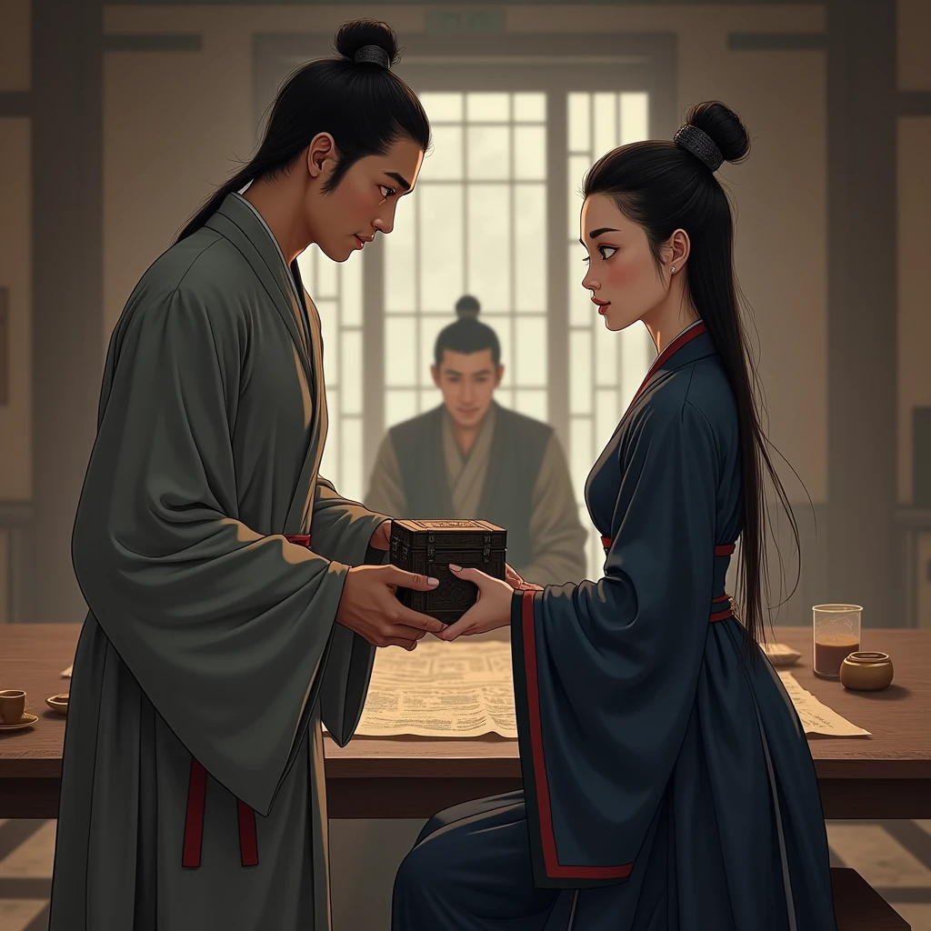 During the Tang Dynasty of China, a slender young woman with an oval face and large, sharp eyes that constantly sparkled, wearing a dark blue-like dress sat in a general&#39;s office. At the general&#39;s desk in front of her was a man in a grey monk&#39;s robe. He was standing in front of her, placing an iron box containing some documents in front of the desk. The atmosphere of the long, low table where the general was sitting and a plank of wood in the middle of the room. The era used ancient Chinese clothing from Hanfu China. Inside the room, there were only two people, a young woman and a young man.