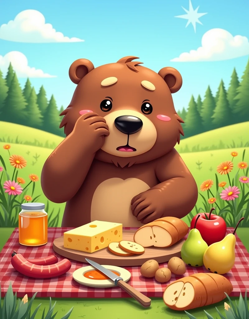 An illustration of a big, cartoonish bear with an expression of hunger on its face. The bear is wiping its brow, indicating it is sweaty from the heat. It's devouring a large spread of food - sausages, cheese, potatoes, pears, apples, bread, and honey - all laid out on a picnic table. The table is situated in a sunny meadow, with wildflowers adding a splash of color in the background. The sky above is clear and bright, typical of a fine, shiny day. A mixed forest lies in the distance, adding depth to the green landscape.