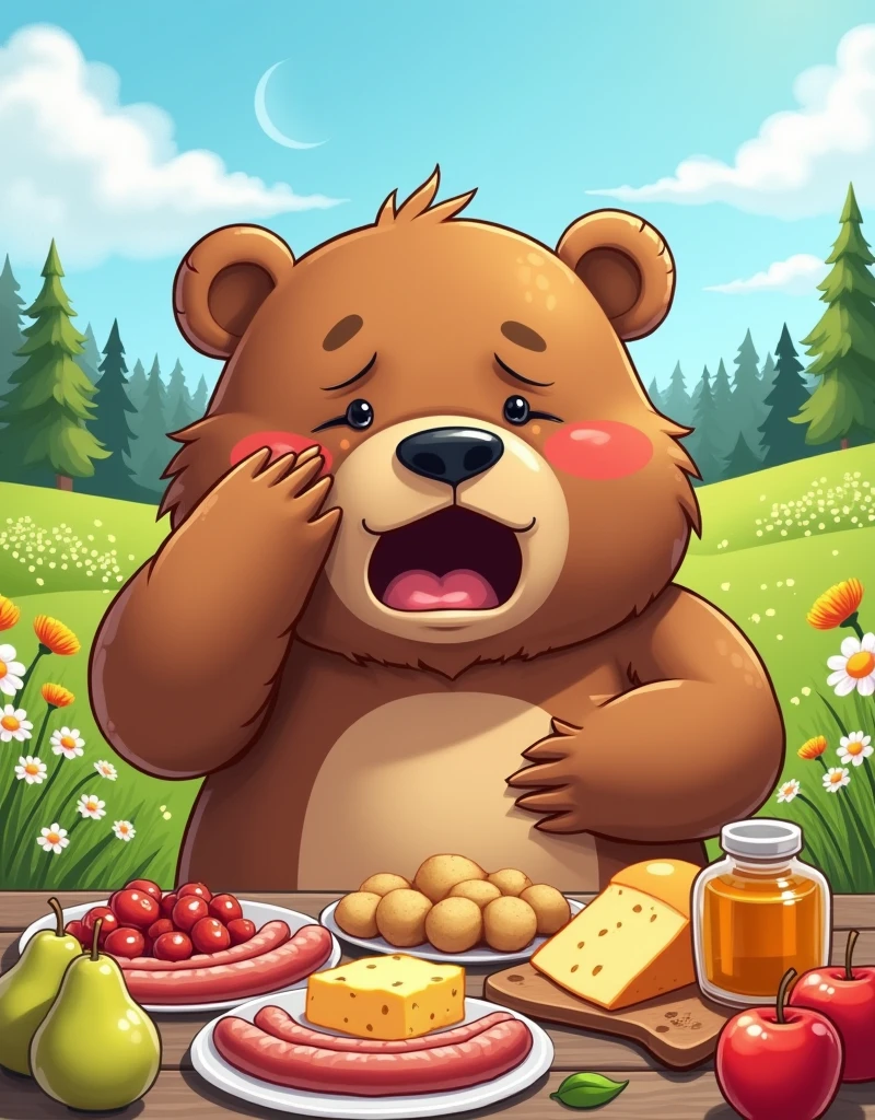 An illustration of a big, cartoonish bear with an expression of hunger on its face. The bear is wiping its brow, indicating it is sweaty from the heat. It's devouring a large spread of food - sausages, cheese, potatoes, pears, apples, bread, and honey - all laid out on a picnic table. The table is situated in a sunny meadow, with wildflowers adding a splash of color in the background. The sky above is clear and bright, typical of a fine, shiny day. A mixed forest lies in the distance, adding depth to the green landscape.
