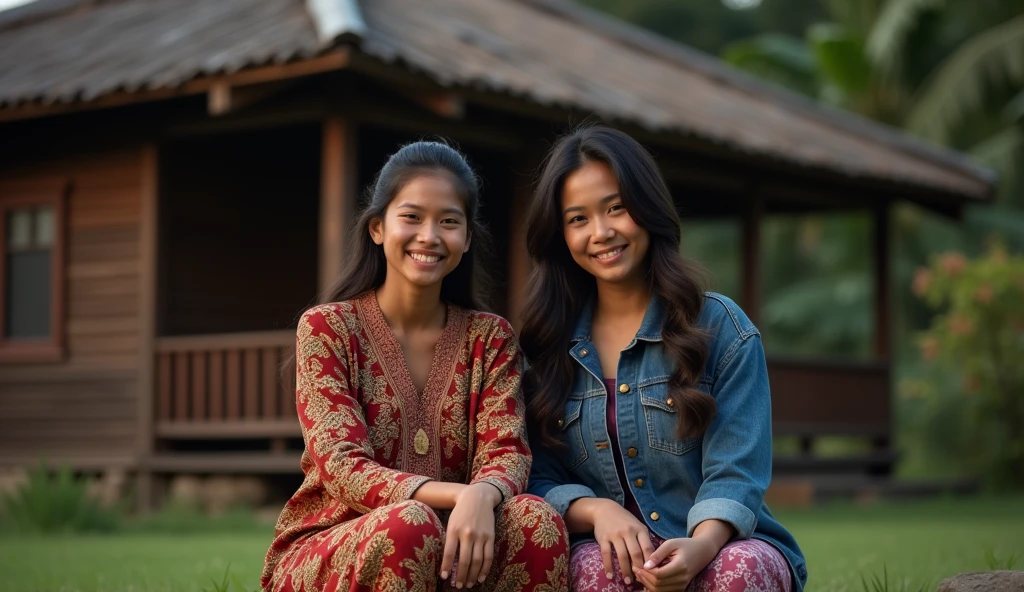 A beautiful Indonesian woman, loose hair, pakai baju batik dan long pants, wearing leather shoes, sit down, smile facing the camera, Beside him there is a beautiful Indonesian woman, his body is quite fat, fair skin, big nose, long wavy hair, wearing a denim jacket, long pants, wearing pink sneakers, sit down, happy face facing the camera, in front of the country house, evening atmosphere, minimal defects, very detail, realistic, 8K picture