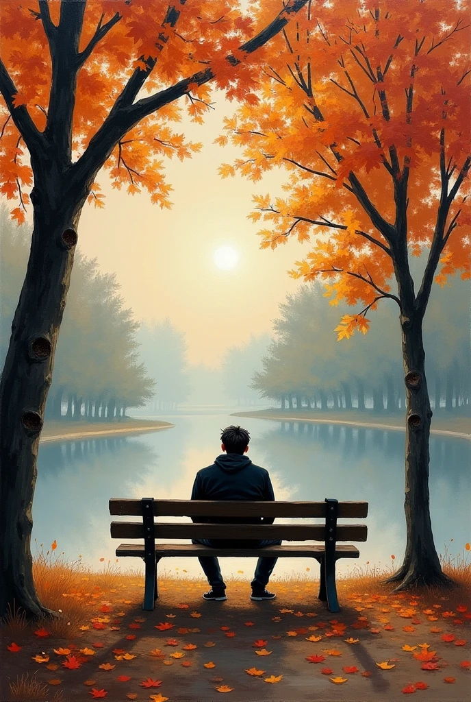 
An impressionist-style painting depicting a solitary figure sitting on a bench in a quiet park during autumn. The figure, a person with slumped shoulders and a distant gaze, is surrounded by fallen leaves in warm tones of orange, red, and brown, symbolizing the end of something beautiful. The background is softly blurred, with a faint hint of a fading sunset casting long shadows and muted light, emphasizing the feeling of isolation. In the distance, trees and a small pond reflect the pale, cool colors of the evening, enhancing the mood of solitude and introspection. The brushstrokes are loose and expressive, capturing the raw emotion of loneliness and the sense of being lost in thought.