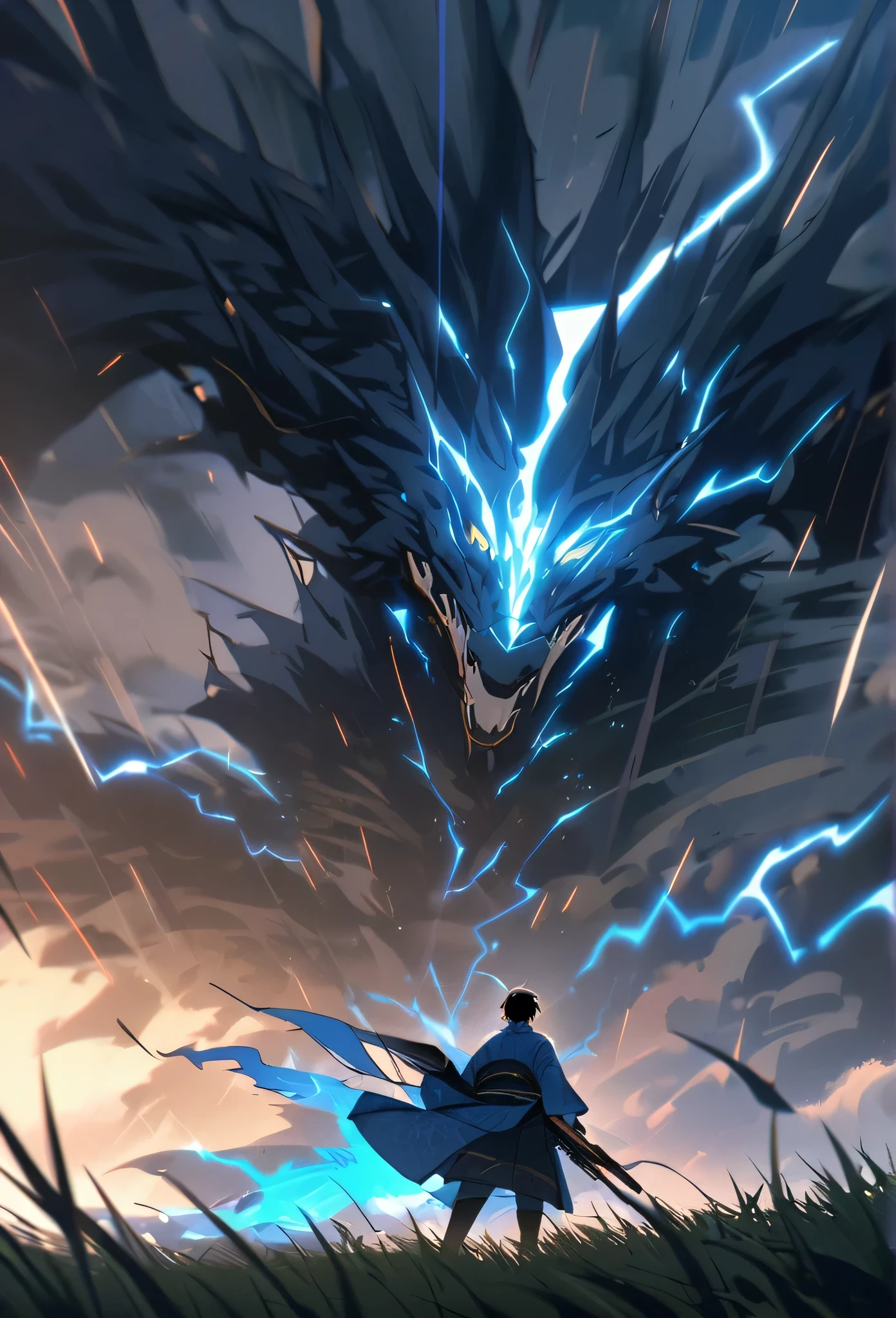 A man with long black hair and a blue kimono is standing in front of me.。Hair fluttering in the wind。A violent lightning strike with a blue glow behind it。rain。grassland。Night Sky。Big thunder。Oriental dragon flying in the sky。storm