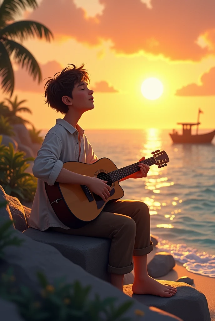 Scene 1: Leo Singing by the SeaPrompt: A serene coastal scene at sunset with a young fisherman, Leo, sitting on a rocky outcrop by the beach. He has short, tousled brown hair and is wearing a simple, loose white shirt and brown trousers. He is playing a guitar and singing, his eyes closed in deep emotion. The golden sun is dipping below the horizon, casting a warm glow over the calm, blue ocean. Gentle waves lap against the rocks, and in the distance, a silhouette of a small fishing boat is anchored.