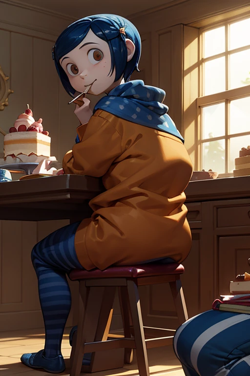 Coraline, Getting fat , Iconic clothing, Blue pants ,Blue and white striped jersey , Red socks , Clothes adapted to your fat body, Sitting on a chair, full of sweets, cakes, she happily eating , next to it in the back there is a table full of desserts 