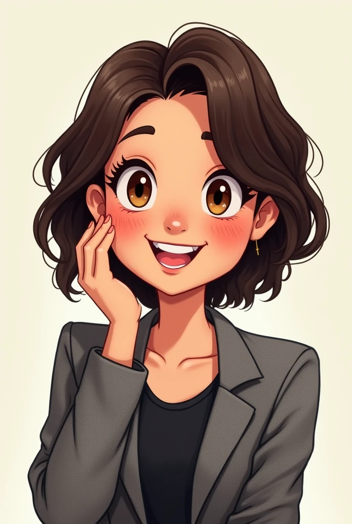 "Create a cartoon-style portrait of a woman with a cheerful, warm expression. She has short, dark brown hair., levemente ondulado, and is wearing a textured gray blazer over a black blouse. Your skin is clear, with some subtle freckles, and she has expressive brown eyes. She's smiling broadly, with your left hand gently touching your cheek. The background should be clear and simple to keep the focus on your radiant and friendly face., conveying a sense of friendliness and trust