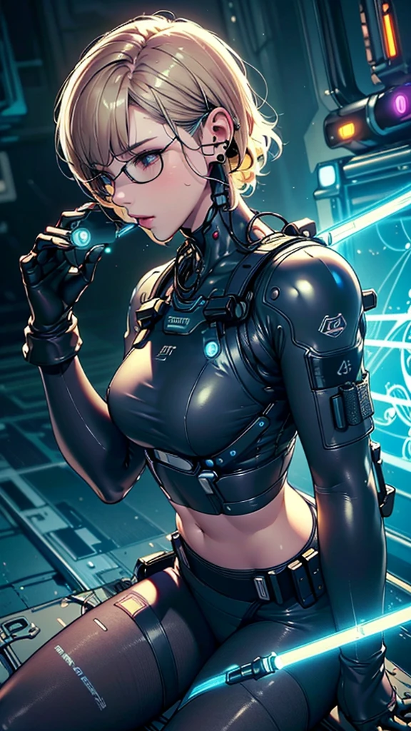 (((HD photo))), ultra high res.photorealistic:. 1.4, UHD, masterpiece, trending on artstation, detailed portrait, 1girl, pretty, cute face, most beautiful in the world, soft, delicate, (very short hair, blonde:1.3), cute breasts , (wearing a ultra detailed tactical cyber suit, Pure energy, neon lighting, sexy midriff ), ((cyber tactical tights:1.4, 2colors tactical tights )),((earphone:1.4)),((Tactical Holster:1.4, high detail)),(Gloves:1.4)), (woman soldier:1.4, she is grabbing a Lightsaber) ,((night cyberpunk city background)), 