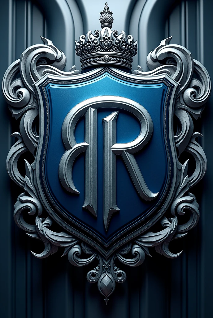 A coat of arms of a kingdom with the letters “R” and “P” intertwined with a technological vibe, but colors in royal blue and metallic silver