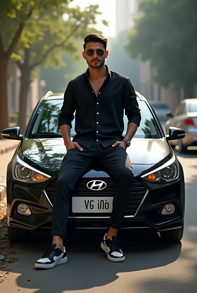 Create a 3d illusion for a profile picture where a 40 years old stylish man in a black shirt sitting casually on a hyundai i20 car wearing sneakers and sunglasses