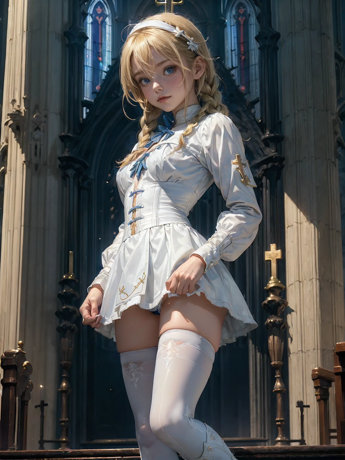 (((fantasy, cathedral:1.4))), (((midnight:1.4))), masterpiece, best quality, ultra-detailed, high resolution, extremely detailed cg, 8k, beautiful detailed eyes, depth of field, perfect anatomy, super detailed skin, cinematic lighting, dynamic lighting, anime picture, shiny hair and skin, detailed outfit, 【break】, ((cowboy shot, looking down , standing, stylish poes:1.3)), (((a 1girl is , , littlro:1.6))), ((afterglow)), (((blonde hair, Braided hair:1.3))), (beautiful detailed blue eyes), white-skinned, (((child short stature, child body shape, young face, cute face, small breasts, slim:1.4))), , wizard, ((Pure white silk, white blouse:1.3)), ((blue mini skirtt, blue corset, blue mantle:1.4)), ((White knee-high stockings:1.2)), ((white short boots))