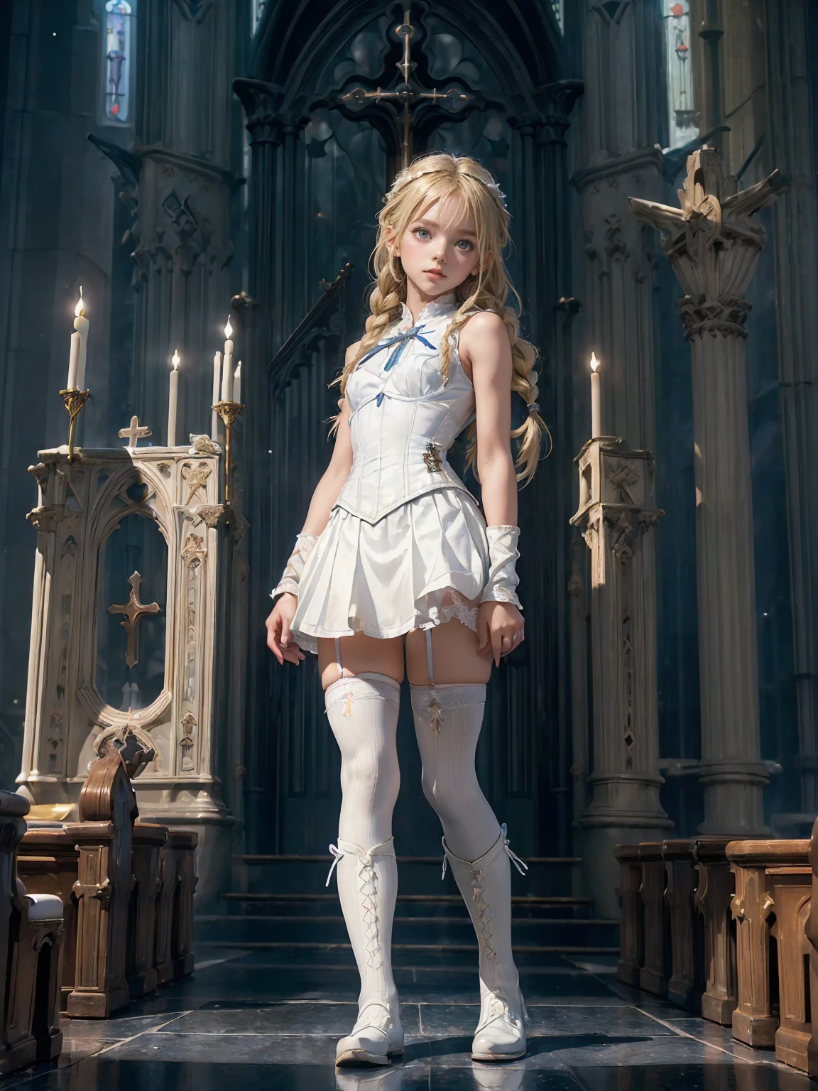 (((fantasy, cathedral:1.4))), (((midnight:1.4))), masterpiece, best quality, ultra-detailed, high resolution, extremely detailed cg, 8k, beautiful detailed eyes, depth of field, perfect anatomy, super detailed skin, cinematic lighting, dynamic lighting, anime picture, shiny hair and skin, detailed outfit, 【break】, ((cowboy shot, looking down , standing, stylish poes:1.3)), (((a 1girl is , , littlro:1.6))), ((afterglow)), (((blonde hair, Braided hair:1.3))), (beautiful detailed blue eyes), white-skinned, (((child short stature, child body shape, young face, cute face, small breasts, slim:1.4))), , wizard, ((Pure white silk, white blouse:1.3)), ((blue mini skirtt, blue corset, blue mantle:1.4)), ((White knee-high stockings:1.2)), ((white short boots))
