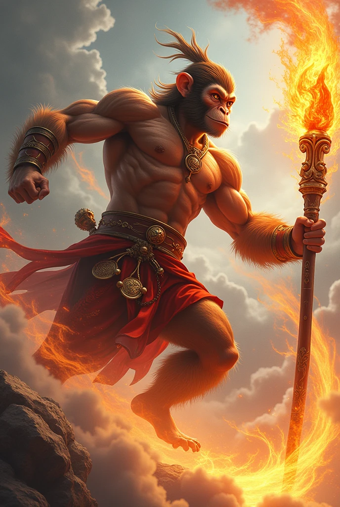 Legend of Wukong the Monkey King and staff with fire around it