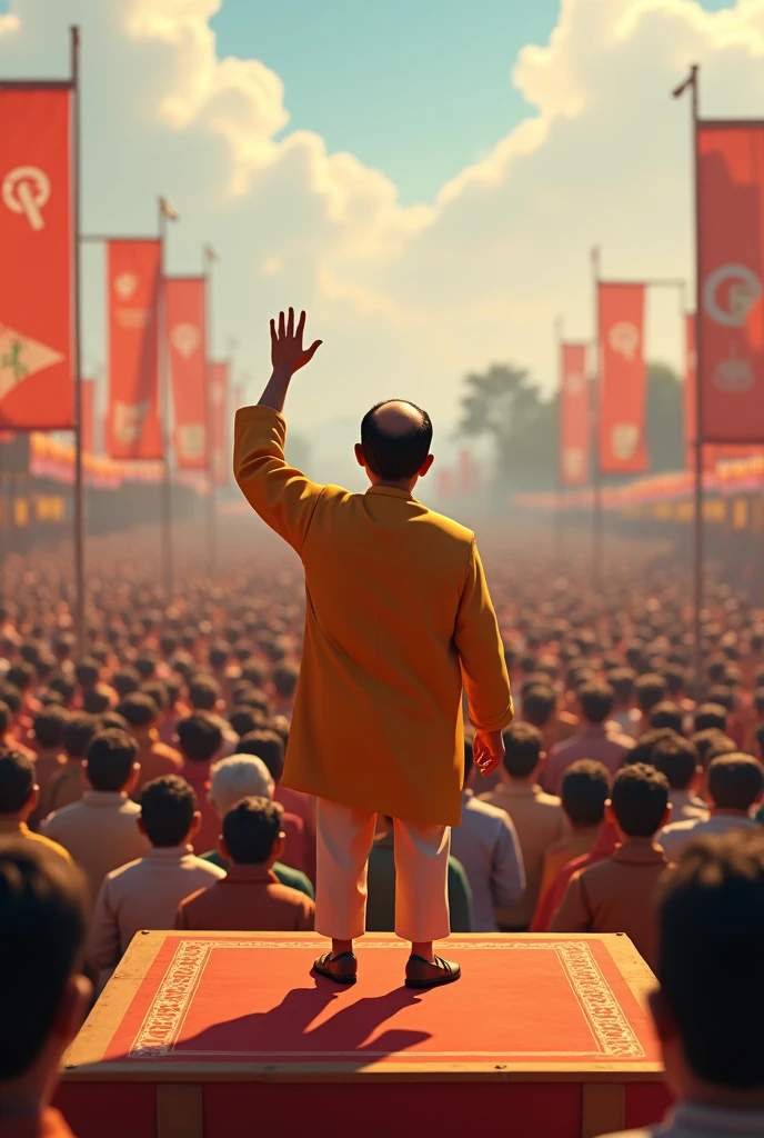 In cinematic 3D cartoon style: Scene: Dr. Ambedkar is seen addressing a large gathering of Dalits at a public rally. The setting is an open ground with makeshift stages and banners promoting equality and justice. Ambedkar, standing on the stage, raises his hand passionately, speaking to the crowd, which looks up to him with hope and respect. The background shows a sea of people, from all walks of life, united under Ambedkar’s leadership.