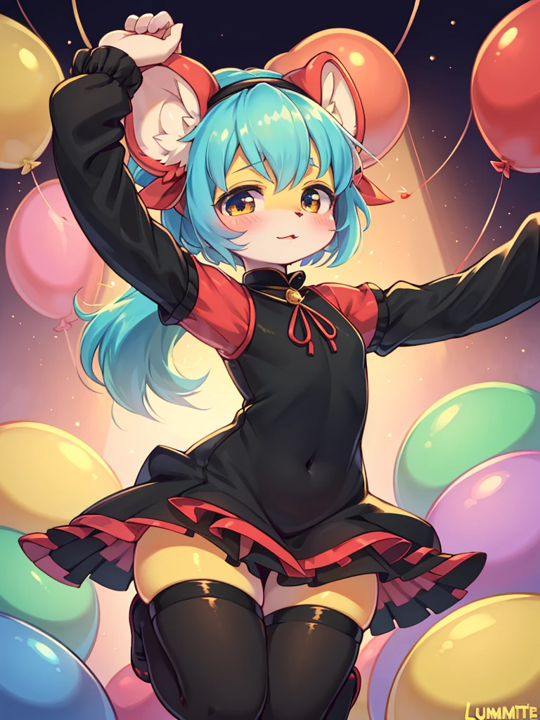 childish girl , dancing with balloon , coquettish , Cunning , Fascinating , Seducer , Naughty , innocent , moist eyes , glossy lips , childish clothes , childish hair tie , Wonderful days , (LUMMELTUTE:1.5) , EAT ME