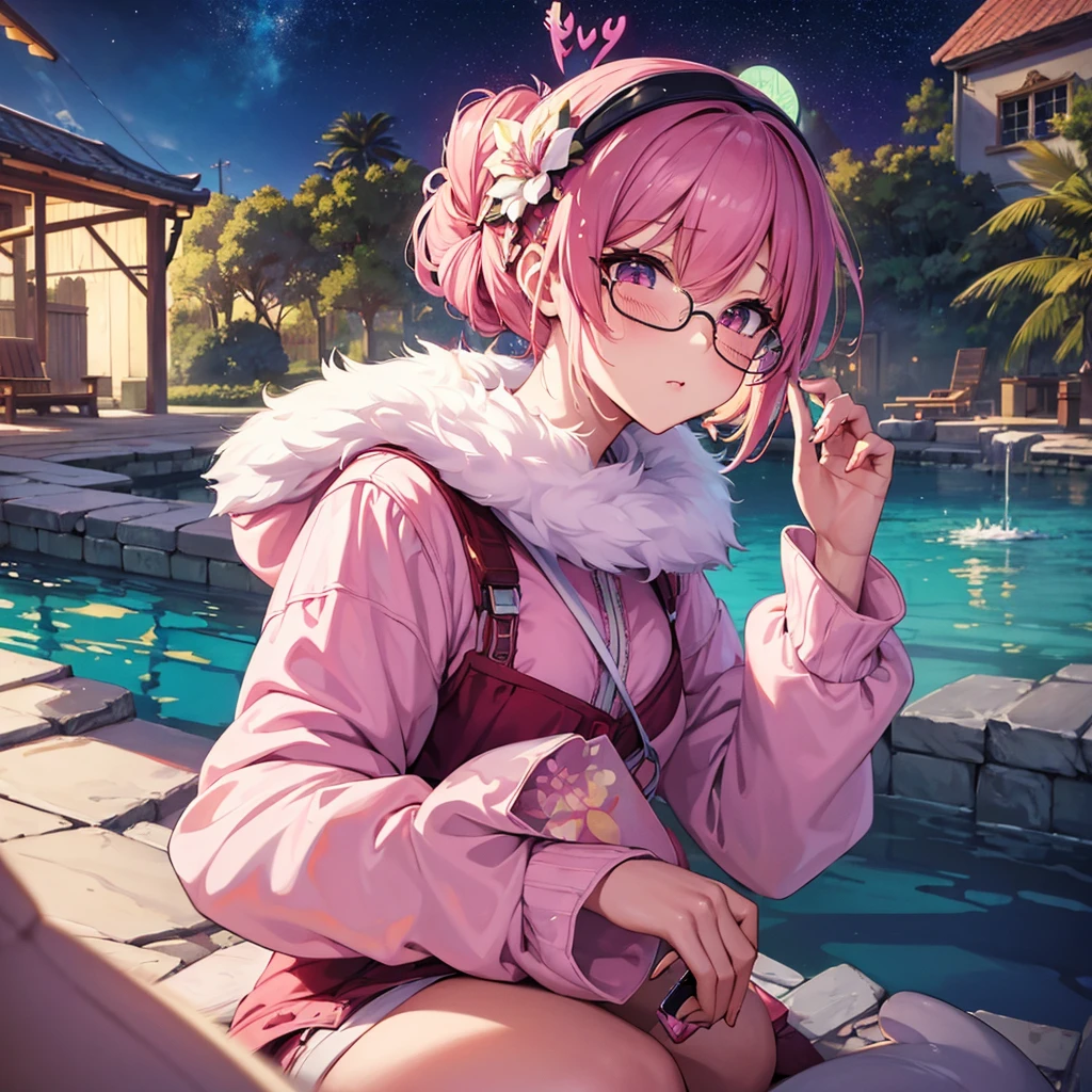 NSFW, ((masterpiece, best quality, extremely detailed, absurdres)), anime style, 1girl, cute, moe, She wears clear glasses and a cold mask, pink hair, white flower hair accessory, cute girl, Braided short cut, one-piece pie with hand, loves milky pie, soft lighting, detailed face, pastel colors, outdoors (background is paradise galaxy:1.3), sunlight, floral elements, moe anime charactor, --1girl, --cute, --moe, --pink hair, --milky pie, --one-piece pie, --glasses, --cold Mask,--anime charactor, --paradise galaxy, --sexy