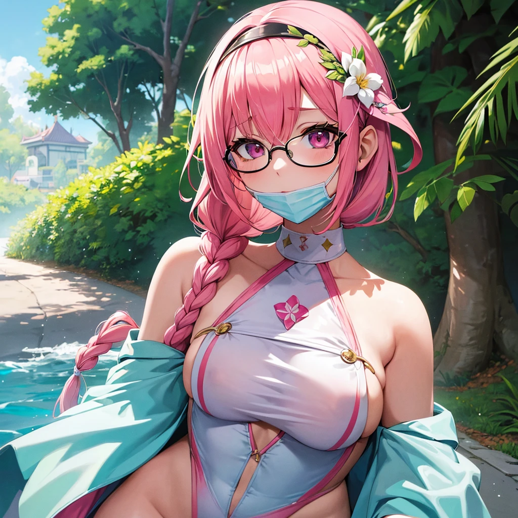 NSFW, ((masterpiece, best quality, extremely detailed, absurdres)), anime style, 1girl, cute, moe, She wears clear glasses and a cold mask, pink hair, white flower hair accessory, cute girl, Braided short cut, one-piece pie with hand, loves milky pie, soft lighting, detailed face, pastel colors, outdoors (background is paradise galaxy:1.3), sunlight, floral elements, moe anime charactor, --1girl, --cute, --moe, --pink hair, --milky pie, --one-piece pie, --glasses, --cold Mask,--anime charactor, --paradise galaxy, --sexy